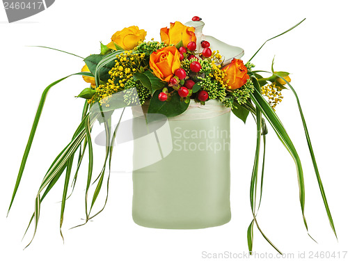 Image of Colorful flower bouquet from roses in white vase isolated on whi