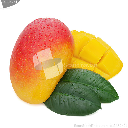 Image of Fresh mango fruit with cut and green leaves isolated on white ba