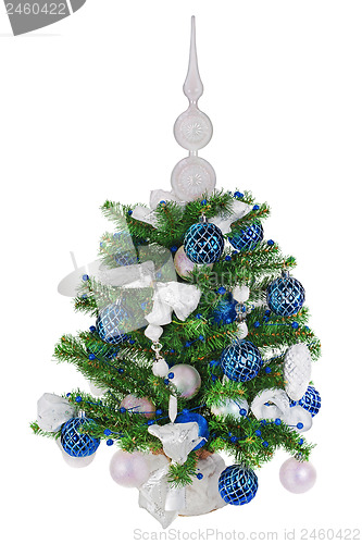 Image of Christmas fir tree decorated with Christmas balls, snowflakes, c