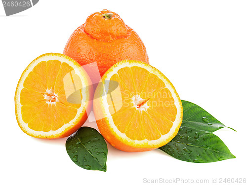 Image of Fresh orange fruit with green leaves isolated on white backgroun