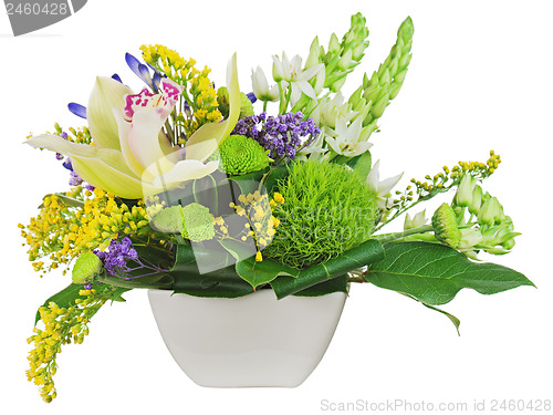 Image of Bouquet from orchids in white vase isolated on white background.