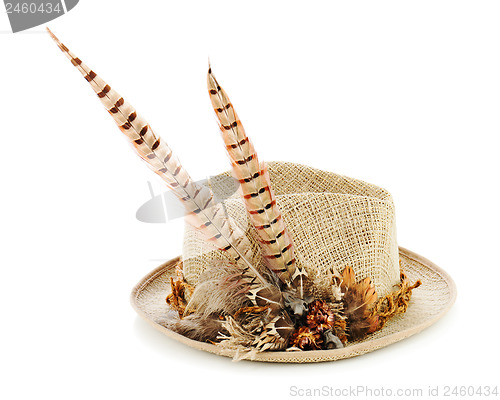 Image of Hunting hat with pheasant feathers isolated on white background.