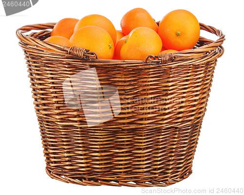 Image of Oranges in wicker basket isolated on white.