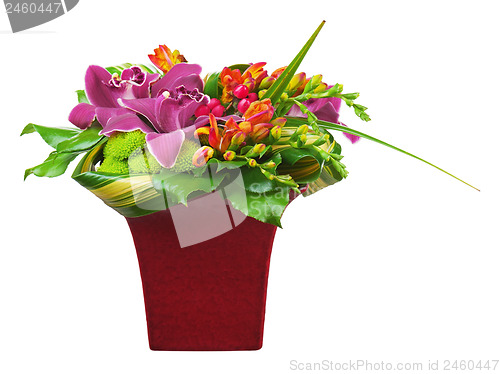 Image of Colorful flower bouquet arrangement centerpiece in vase isolated