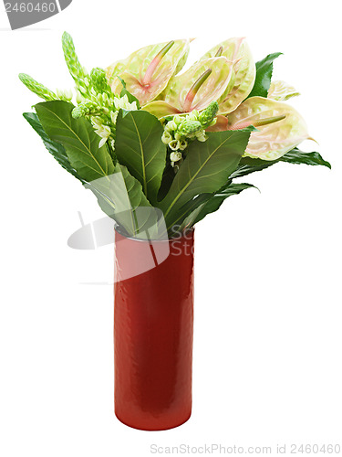 Image of Bouquet from anturiums in red vase isolated on white background.