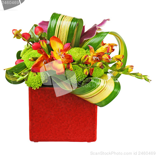 Image of Bouquet from orchids in red vase isolated on white background. 