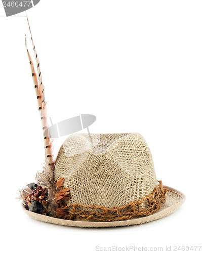 Image of Hunting hat with pheasant feathers isolated on white.