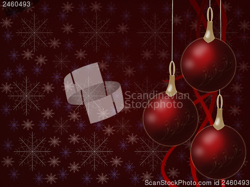 Image of Christmas balls hanging with tapes on red background with snowfl