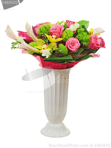 Image of Colorful flower bouquet arrangement centerpiece in vase isolated