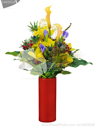 Image of Colorful flower bouquet arrangement centerpiece in vase isolated