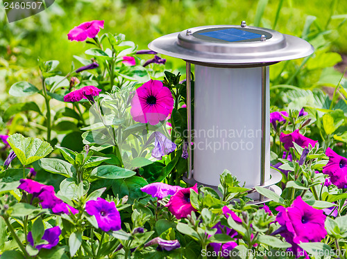 Image of Solar-powered garden lamp on flower background.