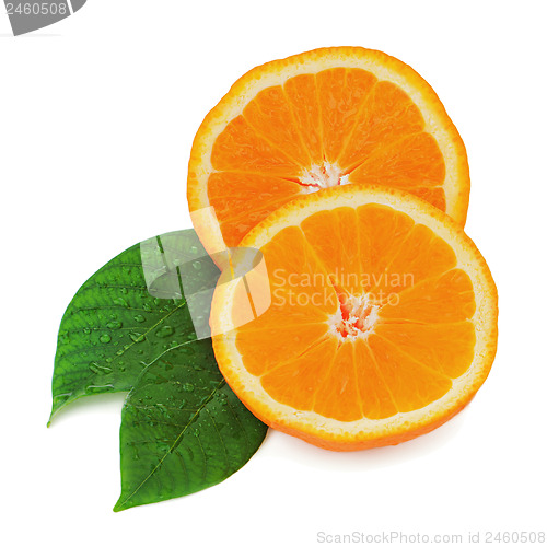 Image of Fresh orange fruit with green leaves isolated on white backgroun