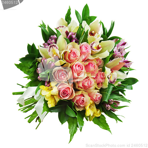 Image of Floral bouquet of roses, lilies and orchids arrangement centerpi