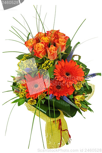 Image of Colorful bouquet from roses and gerberas isolated on white backg