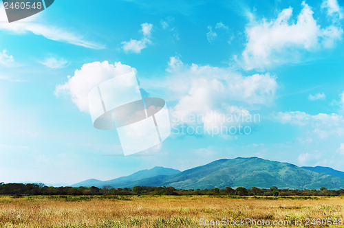 Image of Landscape with mountain views, blue sky and beautiful clouds.