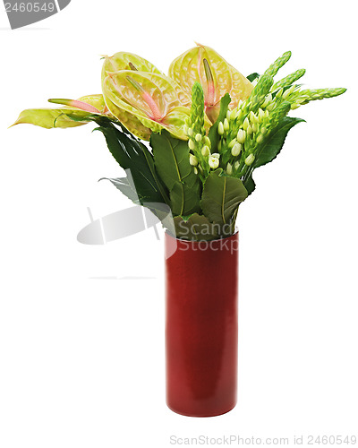 Image of Bouquet from anturium flowers in red vase isolated on white back