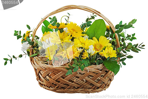 Image of Colorful bouquet from gerberas in wicker basket isolated on whit