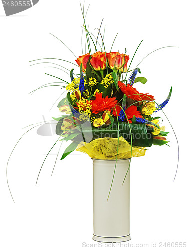 Image of Colorful bouquet from roses and gerbera flowers isolated on whit