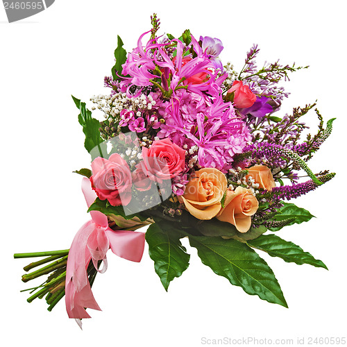 Image of Floral bouquet of roses, lilies and orchids isolated on white ba