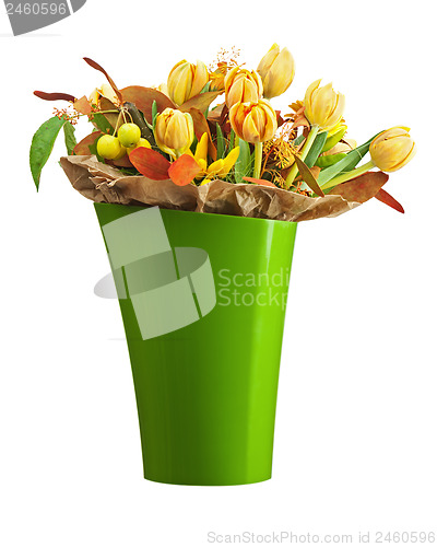 Image of Colorful bouquet from tulips and gerbera flowers isolated on whi