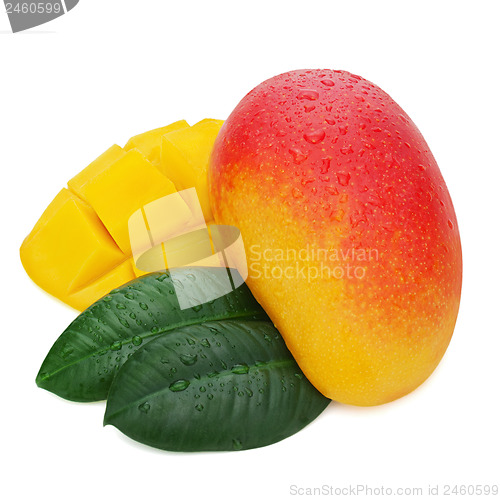 Image of Fresh mango fruit with cut and green leaves isolated on white ba