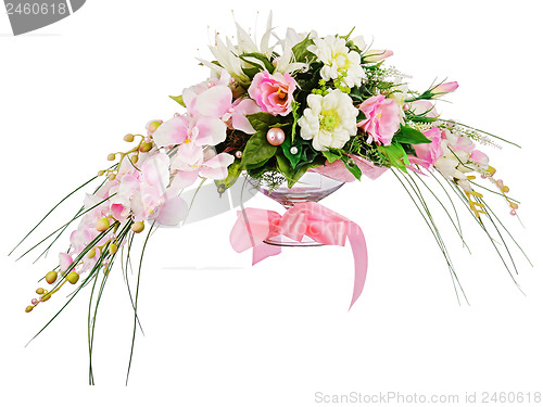 Image of Floral bouquet of roses and orchids arrangement centerpiece isol