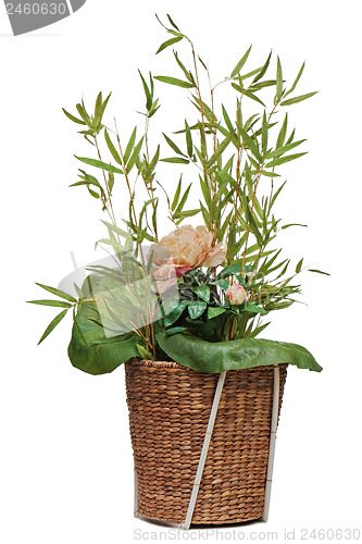 Image of Flower arrangement of peon flower, lotus leaf and twigs of bambo