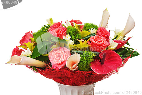 Image of Colorful flower bouquet arrangement centerpiece in vase isolated