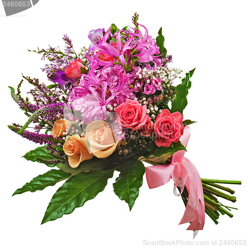 Image of Floral bouquet of roses, lilies and orchids isolated on white ba