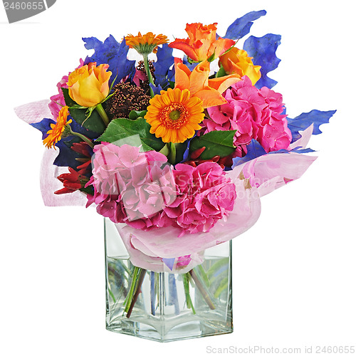 Image of Colorful flower bouquet in vase isolated on white background.