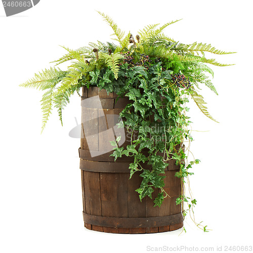 Image of Composition of artificial flowers in old wooden barrel isolated 