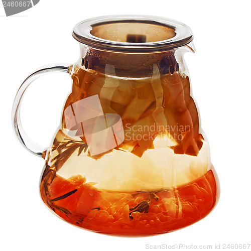 Image of Fruity apple tea in teapot isolated on white background.