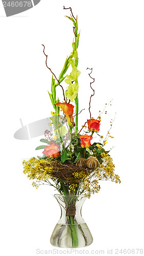 Image of Floral bouquet of roses and gladiolus isolated on white backgrou