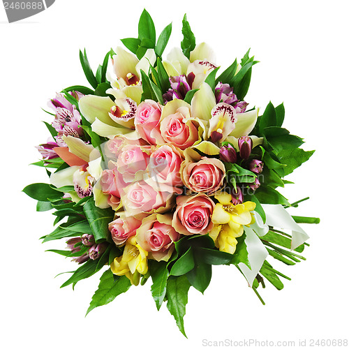 Image of Floral bouquet of roses, lilies and orchids arrangement centerpi