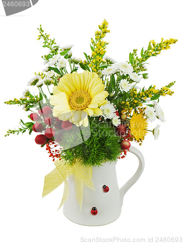 Image of Colorful bouquet from gerberas in vase isolated on white backgro