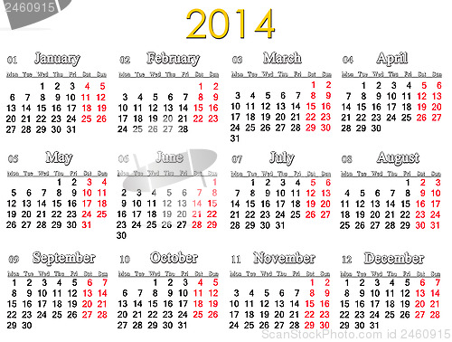Image of calendar for 2014 year
