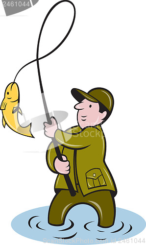 Image of fisherman fly fishing reeling fish