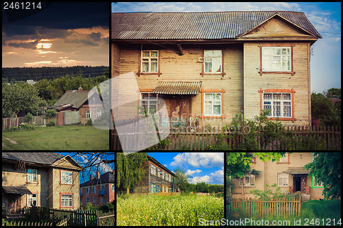 Image of Old Wooden House On The Countryside. Set, Collage