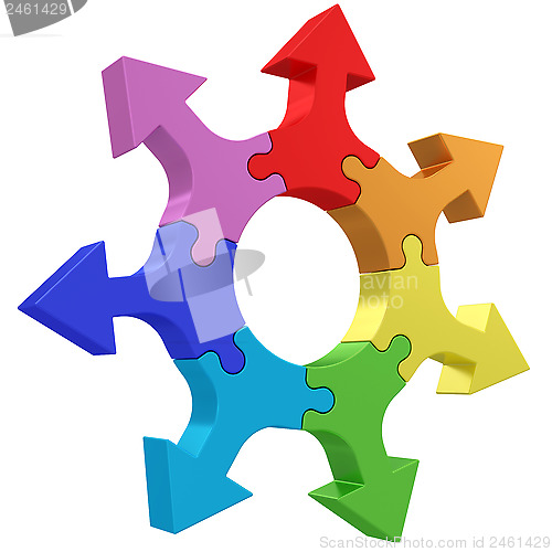 Image of Colorful arrows joined into jigsaw puzzle wheel on white