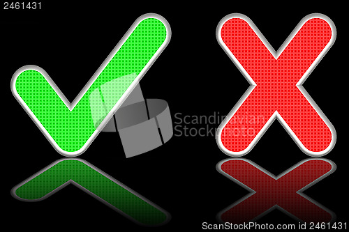 Image of Green check mark and red cross on glossy black background