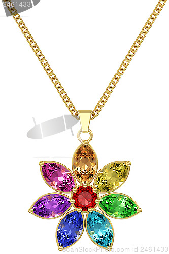 Image of Gold pendant with colorful gemstones on chain isolated on white background