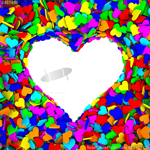 Image of Blank frame of heart shape composed of many small colorful hearts