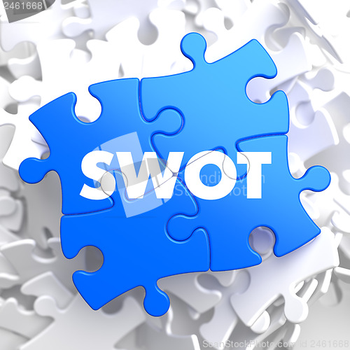 Image of SWOT on Blue Puzzle Pieces. Business Concept.