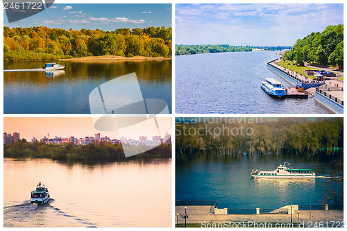 Image of Passenger Cruise Ship On River. Set, Collage