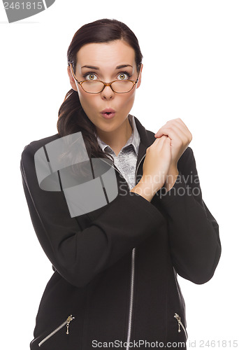 Image of Funny Faced Mixed Race Businesswoman Holding Her Hands to Side