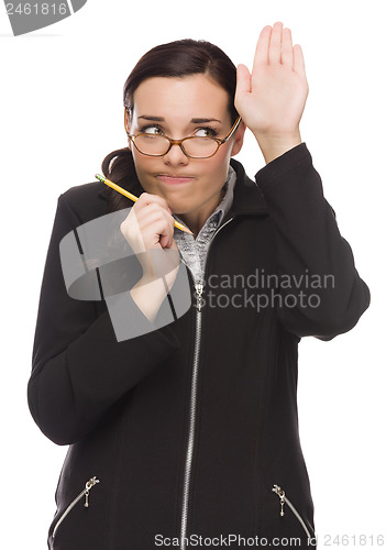 Image of Timid Mixed Race Businesswoman Raises Her Hand to Ask Question 
