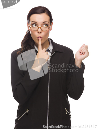 Image of Unsure Mixed Race Businesswoman Puts Finger on Her Lips 
