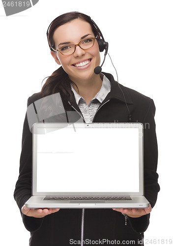 Image of Mixed Race Businesswoman Wearing Headset Holds Computer With Bla