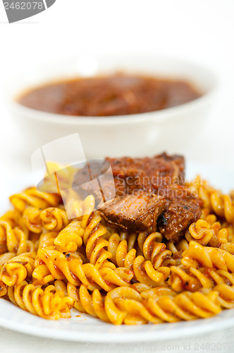 Image of fusilli pasta with neapolitan style ragu meat sauce