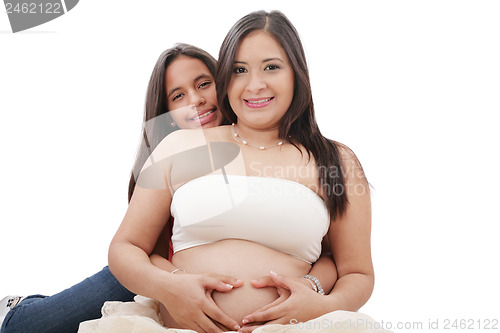 Image of pregnant woman and her daughter making a heart sign